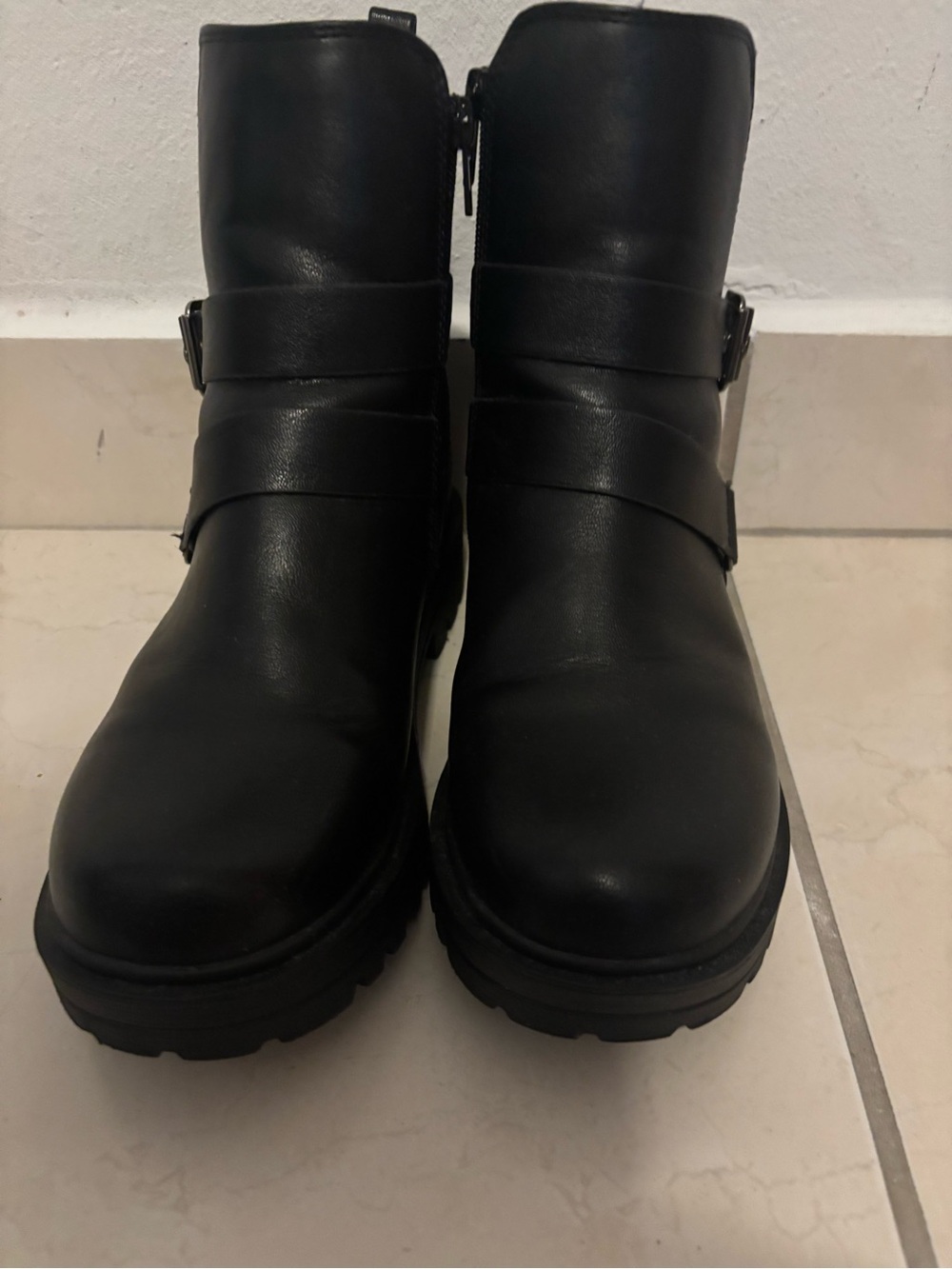 Soda Black Leather Ankle Booties with Buckle Accent